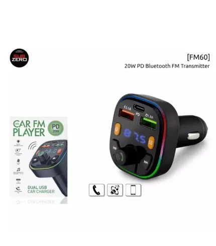 subzero fm60 bluetooth usb 20w pd rgb fm transmitter araç içi hızlı şarj ve müzik adaptörü