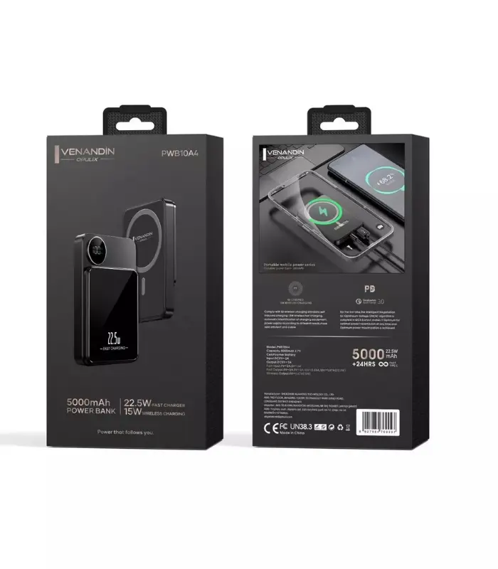 Venandin PWB10A4 Magsafe 22.5W Powerbank Venandin Opulix PWB10A4 5000 mAh magsafe wireless kablolu powerbank led göstergeli hızlı şarj