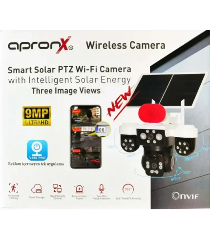 apronx apx wp296 9mp solar wifi ptz kamera 3 lens 24 led güvenlik kamerası dış mekan kablosuz kamera