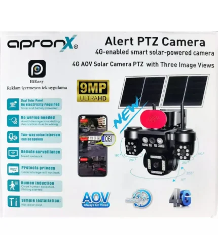 apronx apx wsp798 9mp 4g solar kamera 3 lens çift panel 40 led ptz sim kartlı güvenlik kamerası