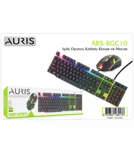 auris kgc10 oyuncu klavye mouse set led ışıklı q klavye kablolu siyah gaming set