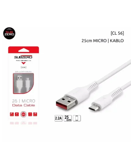 Subzero CL56 Micro USB kısa kablo 25cm powerbank şarj kablosu