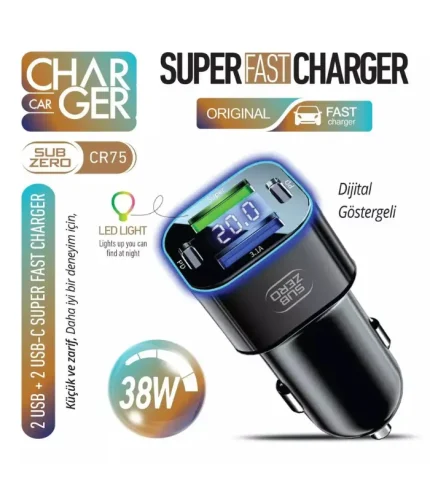 subzero cr75 38w rgb araç şarj başlığı 2usb 2pd dijital göstergeli hızlı araç şarj