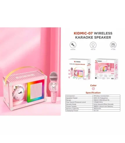 torima kidmic-07 unicorn mikrofonlu bluetooth hoparlör pembe rgb çocuk karaoke müzik kutusu